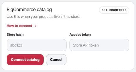 BigCommerce catalog setup in Framesite with store hash and API token fields