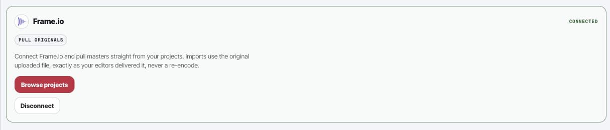 Frame.io connected-library card in Framesite Import showing a healthy connection