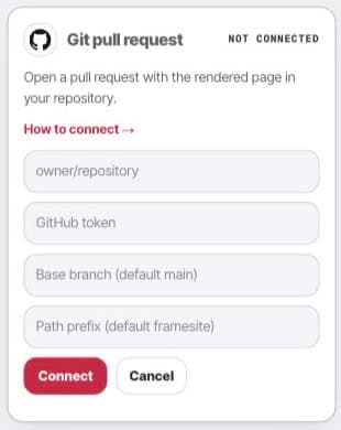 Git publishing setup in Framesite with repository, branch, path, and token fields