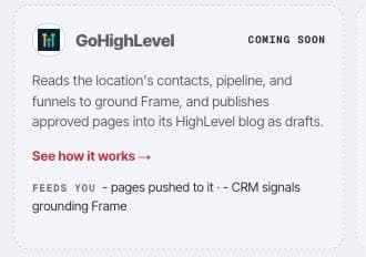 GoHighLevel card in Framesite settings showing Coming soon