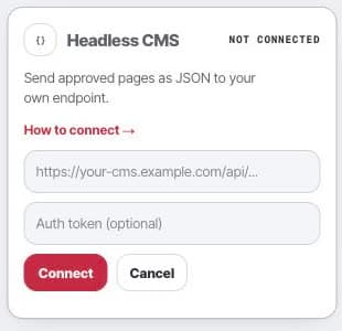Headless CMS setup in Framesite with endpoint URL and bearer token fields