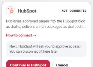 HubSpot authorization card in Framesite showing the connection handoff