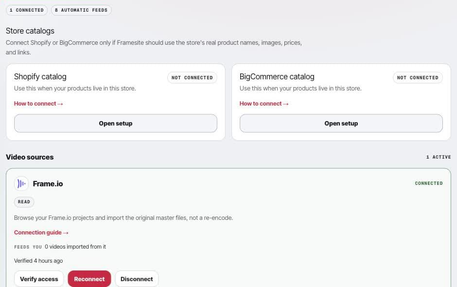 Framesite Destinations and connections settings showing store catalogs and a connected Frame.io video source