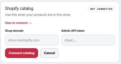 Shopify store catalog setup in Framesite with store domain and Admin API token fields