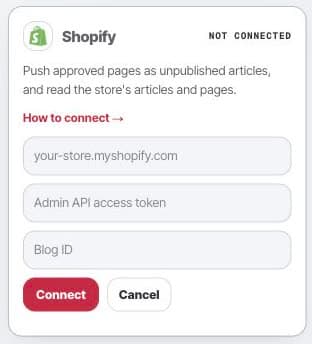 Shopify publishing setup in Framesite with store domain, Admin API token, and blog ID fields