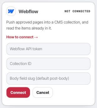 Webflow setup in Framesite with fields for an API token and CMS collection