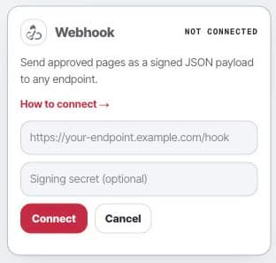 Webhook setup in Framesite with delivery URL and signing secret fields